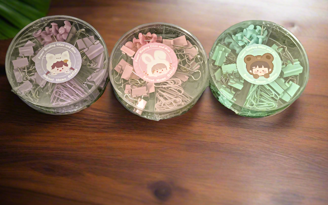 Kawai Paper Clips and Binder Clips Set, Metal Binders with Push Pins